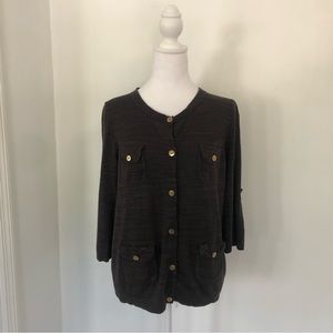 J.CREW Women Heathered Grey 3/4 Sleeve Button Up Sweater Sz L Roll Tab
